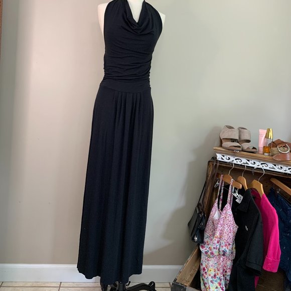 Black Backless Halter Maxi Dress Raw Hem - Picture 1 of 10